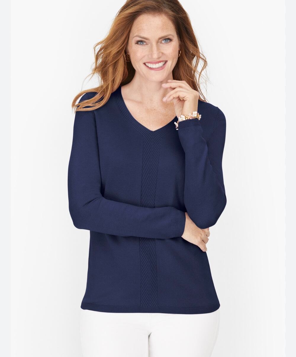 Talbots M Navy Blue Chevron Stitch V-Neck Sweater Coastal Casual NEW